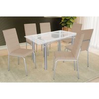 Conjunto: Mesa Sala Jantar Elba c/ Tampo de Vidro 150cm e 6 Cadeiras Amsterdã Cromada - Courano Bege - Kappesberg