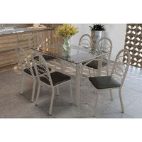Conjunto: Mesa de Cozinha Elba c/ Tampo de Vidro 120cm e 6 Cadeiras Holanda Niquel - Courano Preto - Kappesberg