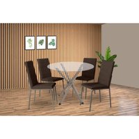 Conjunto: Mesa de Cozinha Volga c/ Tampo de Vidro 95cm e 4 Cadeiras Amsterdã Niquel - Courano Marrom - Kappesberg