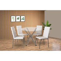 Conjunto: Mesa Sala Jantar Volga c/ Tampo de Vidro 95cm e 4 Cadeiras Amsterdã Niquel - Courano Branco - Kappesberg