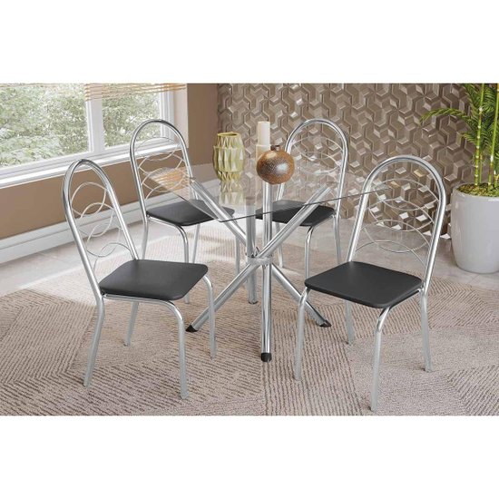 Sala de Jantar Completa Volga c/ Tampo de Vidro 90cm e 4 Cadeiras Holanda Cromada - Courano Preto - Kappesberg