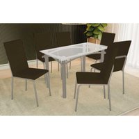 Conjunto: Mesa de Cozinha Elba c/ Tampo de Vidro 120cm e 4 Cadeiras Amsterdã Niquel - Courano Marrom - Kappesberg