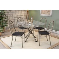 Conjunto: Mesa de Cozinha Volga c/ Tampo de Vidro 90cm e 4 Cadeiras Holanda Niquel - Courano Preto - Kappesberg