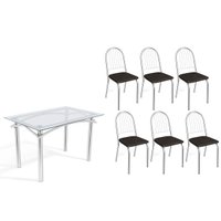 Conjunto: Mesa Sala Jantar Elba c/ Tampo de Vidro 120cm e 6 Cadeiras Noruega Cromada - Courano Preto - Kappesberg