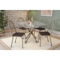 Conjunto: Mesa de Cozinha Volga c/ Tampo de Vidro 90cm e 4 Cadeiras Holanda Niquel - Courano Marrom - Kappesberg