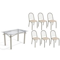 Conjunto: Mesa Sala Jantar Elba c/ Tampo de Vidro 120cm e 6 Cadeiras Noruega Niquel - Courano Bege - Kappesberg