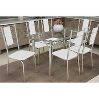 Conjunto: Mesa Sala Jantar Elba c/ Tampo de Vidro 120cm e 6 Cadeiras Lisboa Cromada - Courano Branco - Kappesberg
