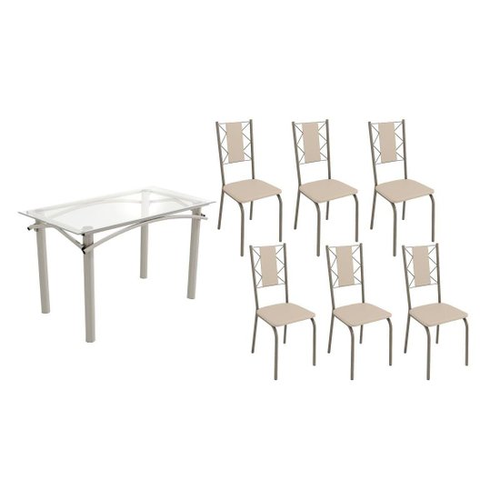 Conjunto: Mesa de Cozinha Elba c/ Tampo de Vidro 120cm e 6 Cadeiras Lisboa Niquel - Courano Bege - Kappesberg