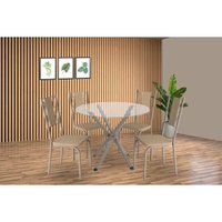Conjunto: Mesa Sala Jantar Volga c/ Tampo de Vidro 95cm e 4 Cadeiras Lisboa Niquel - Courano Bege - Kappesberg