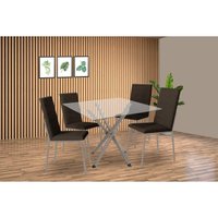 Conjunto: Mesa Sala Jantar Volga c/ Tampo de Vidro 90cm e 4 Cadeiras Amsterdã Niquel - Courano Marrom - Kappesberg