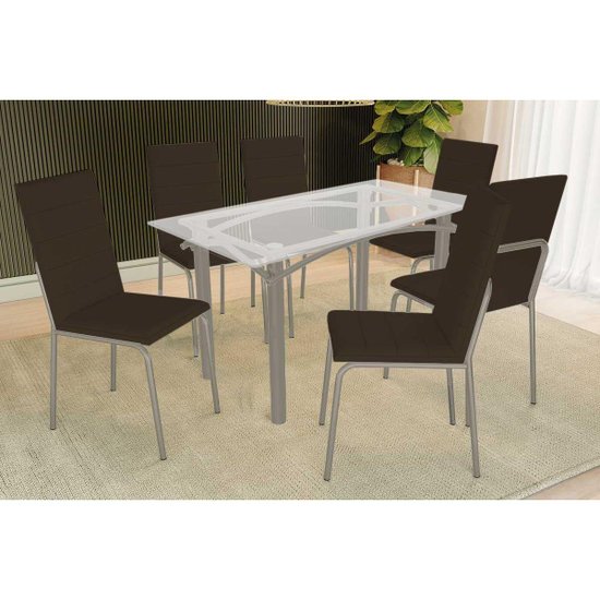 Conjunto: Mesa Sala Jantar Elba c/ Tampo de Vidro 140cm e 6 Cadeiras Amsterdã Niquel - Courano Marrom - Kappesberg