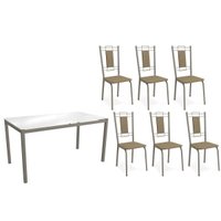 Conjunto: Mesa Sala Jantar Reno c/ Tampo de Vidro 150cm e 4 Cadeiras Florença Niquel - Courano Capuccino - Kappesberg