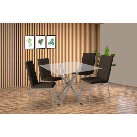 Sala de Jantar Completa Volga c/ Tampo de Vidro 90cm e 4 Cadeiras Amsterdã Niquel - Courano Marrom - Kappesberg