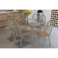 Conjunto: Mesa de Cozinha Elba c/ Tampo de Vidro 150cm e 6 Cadeiras Holanda Niquel - Courano Capuccino - Kappesberg