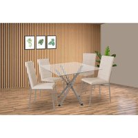 Conjunto: Mesa Sala Jantar Volga c/ Tampo de Vidro 90cm e 4 Cadeiras Amsterdã Niquel - Courano Bege - Kappesberg