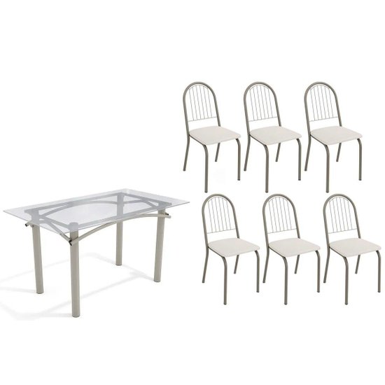 Conjunto: Mesa Sala Jantar Elba c/ Tampo de Vidro 140cm e 6 Cadeiras Noruega Niquel - Courano Branco - Kappesberg