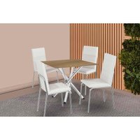 Conjunto: Mesa Sala Jantar Volga c/ Tampo de Madeira 90cm e 4 Cadeiras Amsterdã Cromado/Nogueira - Branco - Kappesberg