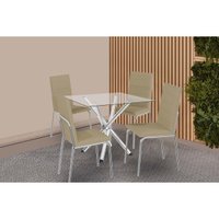 Conjunto: Mesa de Cozinha Volga c/ Tampo de Vidro 90cm e 4 Cadeiras Amsterdã Cromada - Courano Capuccino - Kappesberg