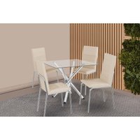 Conjunto: Mesa de Cozinha Volga c/ Tampo de Vidro 90cm e 4 Cadeiras Amsterdã Cromada - Courano Bege - Kappesberg