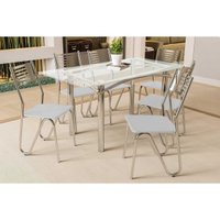 Conjunto: Mesa de Cozinha Elba c/ Tampo de Vidro 150cm e 6 Cadeiras Nápoles Cromada - Courano Branco - Kappesberg