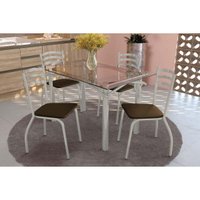 Conjunto: Mesa de Cozinha Elba c/ Tampo de Vidro 140cm e 6 Cadeiras Portugal Niquel - Courano Marrom - Kappesberg