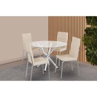 Conjunto: Mesa de Cozinha Volga c/ Tampo de Vidro 95cm e 4 Cadeiras Amsterdã Cromada - Courano Bege - Kappesberg