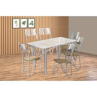 Conjunto: Mesa de Cozinha Elba c/ Tampo de Vidro 120cm e 6 Cadeiras Nápoles Cromada - Courano Bege - Kappesberg