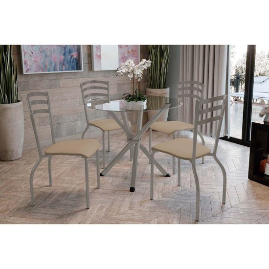 Conjunto: Mesa Sala Jantar Volga c/ Tampo de Vidro 95cm e 4 Cadeiras Portugal Niquel - Courano Capuccino - Kappesberg