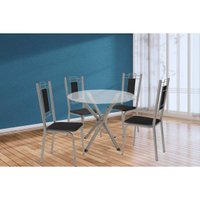 Conjunto: Mesa de Cozinha Volga c/ Tampo de Vidro 95cm e 4 Cadeiras Florença Niquel - Courano Preto - Kappesberg