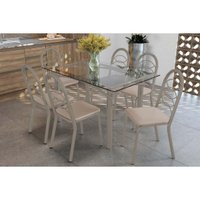 Conjunto: Mesa de Cozinha Elba c/ Tampo de Vidro 140cm e 6 Cadeiras Holanda Niquel - Courano Bege - Kappesberg