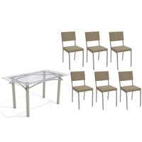 Conjunto: Mesa de Cozinha Elba c/ Tampo de Vidro 140cm e 6 Cadeiras Zaria Niquel - Boucle Bege - Kappesberg