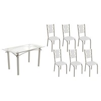 Conjunto: Mesa de Cozinha Elba c/ Tampo de Vidro 150cm e 6 Cadeiras Lisboa Niquel - Courano Branco - Kappesberg