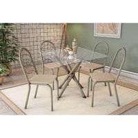 Conjunto: Mesa de Cozinha Volga c/ Tampo de Vidro 90cm e 4 Cadeiras Holanda Niquel - Courano Bege - Kappesberg