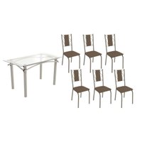 Conjunto: Mesa de Cozinha Elba c/ Tampo de Vidro 140cm e 6 Cadeiras Lisboa Niquel - Courano Marrom - Kappesberg