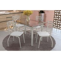 Conjunto: Mesa de Cozinha Elba c/ Tampo de Vidro 140cm e 6 Cadeiras Portugal Niquel - Courano Branco - Kappesberg