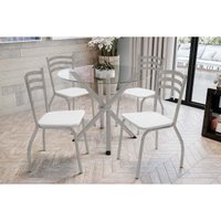 Conjunto: Mesa de Cozinha Volga c/ Tampo de Vidro 95cm e 4 Cadeiras Portugal Niquel - Courano Branco - Kappesberg