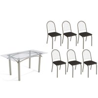 Conjunto: Mesa Sala Jantar Elba c/ Tampo de Vidro 150cm e 6 Cadeiras Noruega Niquel - Courano Preto - Kappesberg