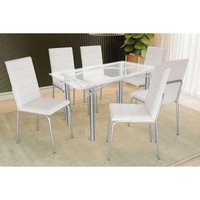 Conjunto: Mesa de Cozinha Elba c/ Tampo de Vidro 150cm e 6 Cadeiras Amsterdã Cromada - Courano Branco - Kappesberg