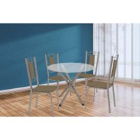 Conjunto: Mesa de Cozinha Volga c/ Tampo de Vidro 95cm e 4 Cadeiras Florença Niquel - Courano Capuccino - Kappesberg