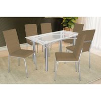 Conjunto: Mesa de Cozinha Elba c/ Tampo de Vidro 140cm e 6 Cadeiras Amsterdã Cromada - Courano Capuccino - Kappesberg