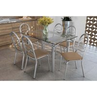 Conjunto: Mesa de Cozinha Elba c/ Tampo de Vidro 140cm e 6 Cadeiras Holanda Cromada - Courano Capuccino - Kappesberg