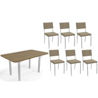 Conjunto: Mesa Sala Jantar Elba c/ Tampo de Madeira 160cm e 6 Cadeiras Zaria Cromada/Nogueira - Boucle Bege - Kappesberg