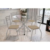 Conjunto: Mesa de Cozinha Volga c/ Tampo de Vidro 95cm e 4 Cadeiras Portugal Niquel - Courano Capuccino - Kappesberg