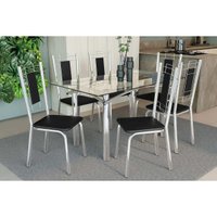 Sala de Jantar Completa Elba c/ Tampo de Vidro 140cm e 6 Cadeiras Florença Cromada - Courano Preto - Kappesberg