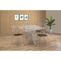 Kit 4 Cadeiras Sala Jantar Volga c/ Tampo de Vidro 90cm e 4 Cadeiras Portugal Niquel - Courano Marrom - Kappesberg