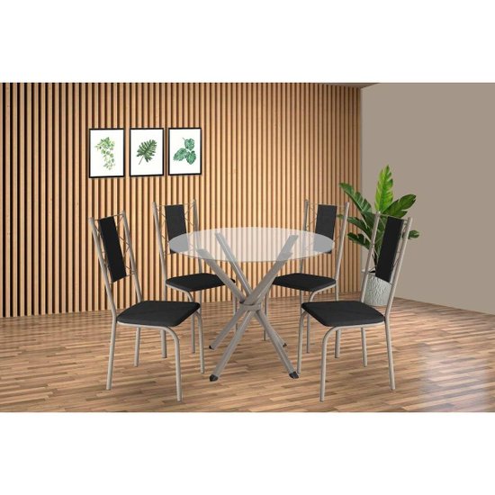 Conjunto: Mesa Sala Jantar Volga c/ Tampo de Vidro 95cm e 4 Cadeiras Lisboa Niquel - Courano Preto - Kappesberg