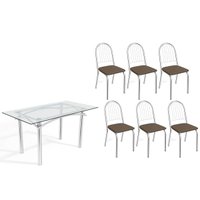 Conjunto: Mesa de Cozinha Elba c/ Tampo de Vidro 150cm e 6 Cadeiras Noruega Cromada - Courano Marrom - Kappesberg