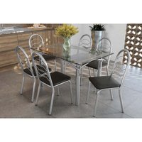 Conjunto: Mesa de Cozinha Elba c/ Tampo de Vidro 140cm e 6 Cadeiras Holanda Cromada - Courano Preto - Kappesberg