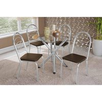 Conjunto: Mesa Sala Jantar Volga c/ Tampo de Vidro 95cm e 4 Cadeiras Holanda Cromada - Courano Marrom - Kappesberg