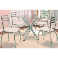 Kit 4 Cadeiras Sala Jantar Volga c/ Tampo de Vidro 90cm e 4 Cadeiras Portugal Cromada - Courano Branco - Kappesberg